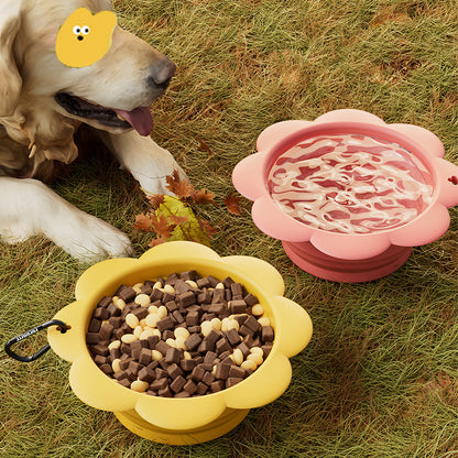 Collapsible dog bowl clipped on with carabiner