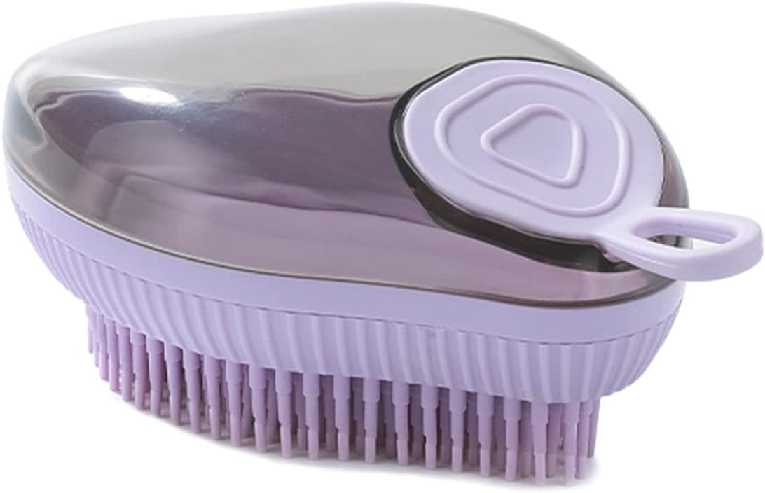 Purple fine-bristle dog bath brush with shampoo dispenser