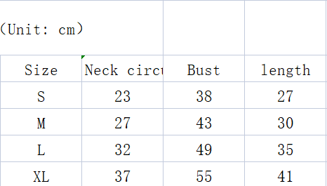 Dog cape size chart