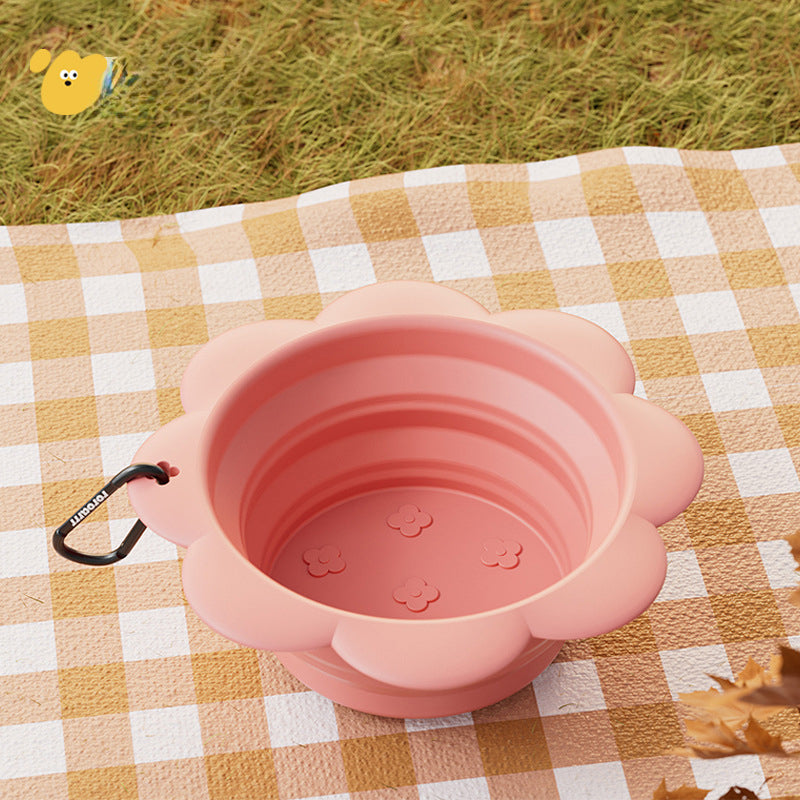 Pink collapsible silicone dog travel bowl with carabiner