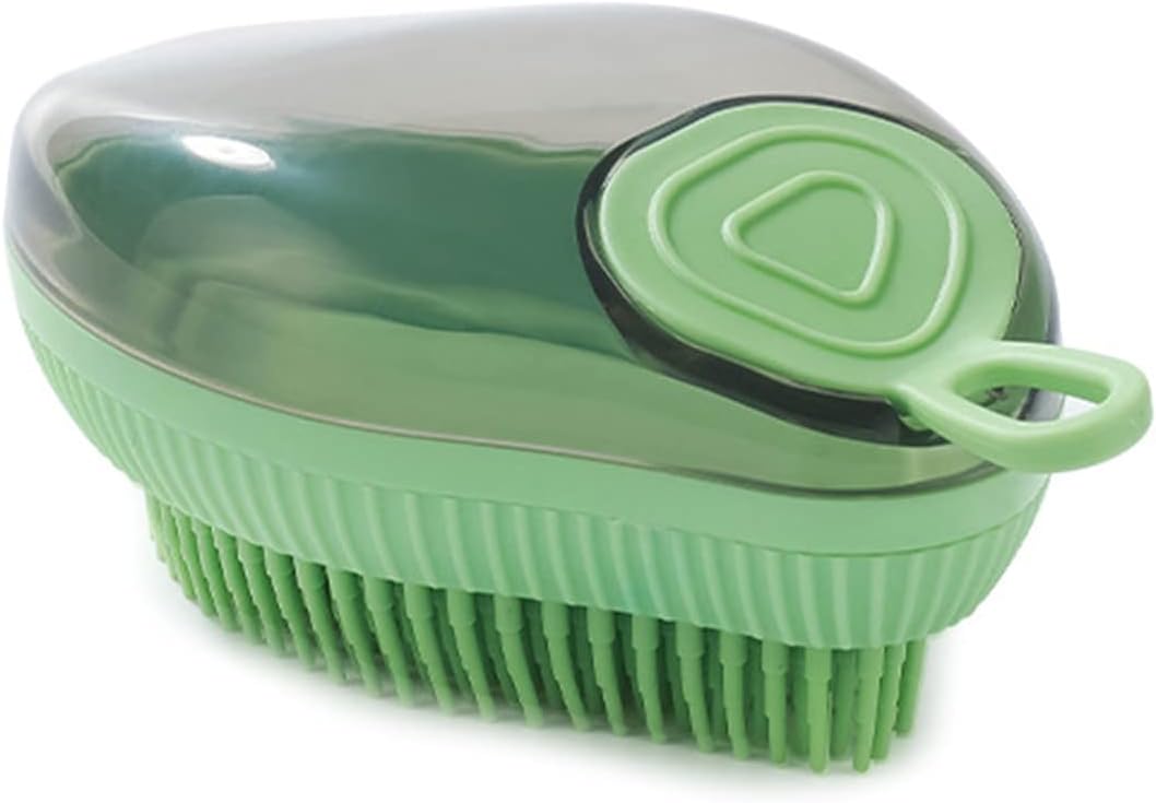 Green fine-bristle dog bath brush with shampoo dispenser