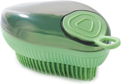 Green fine-bristle dog bath brush with shampoo dispenser