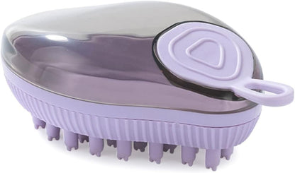 Purple wide-bristle dog bath brush with shampoo dispenser