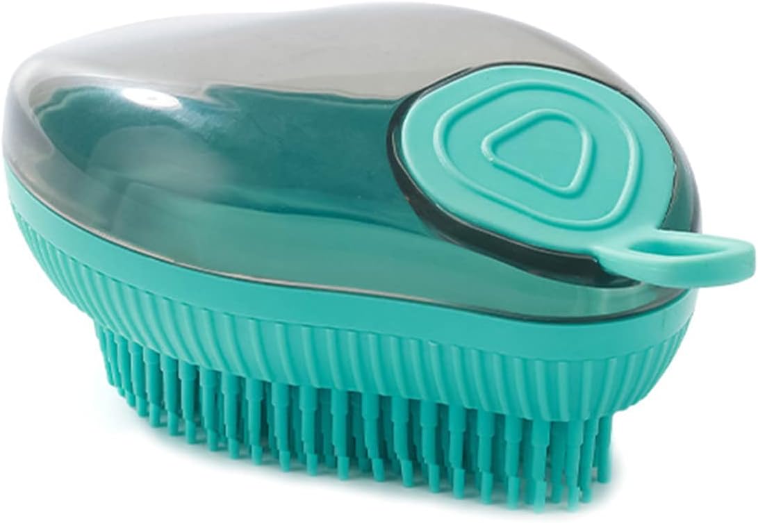 Blue fine-bristle dog bath brush with shampoo dispenser