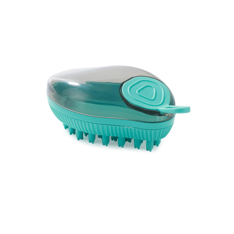 Blue wide-bristle dog bath brush with shampoo dispenser