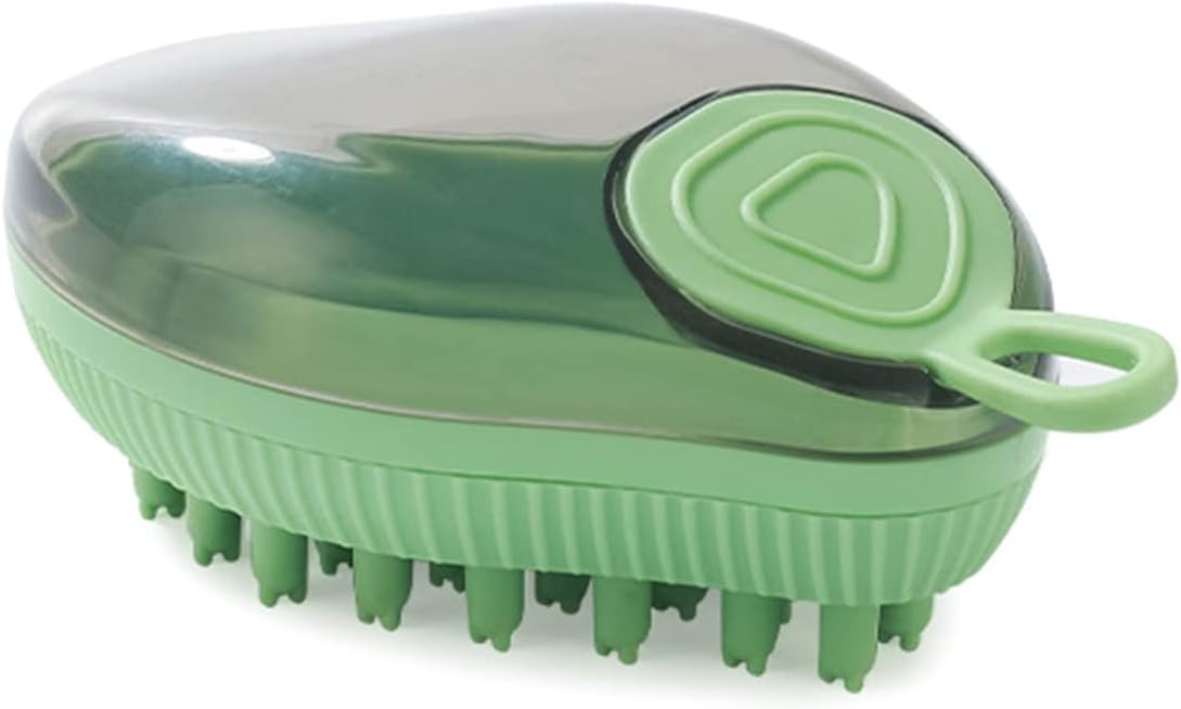 Green wide-bristle dog bath brush with shampoo dispenser