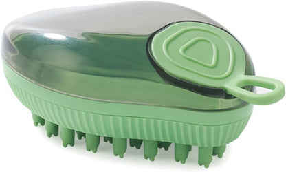Green wide-bristle dog bath brush with shampoo dispenser