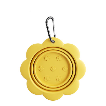 Yellow collapsible silicone dog travel bowl with carabiner